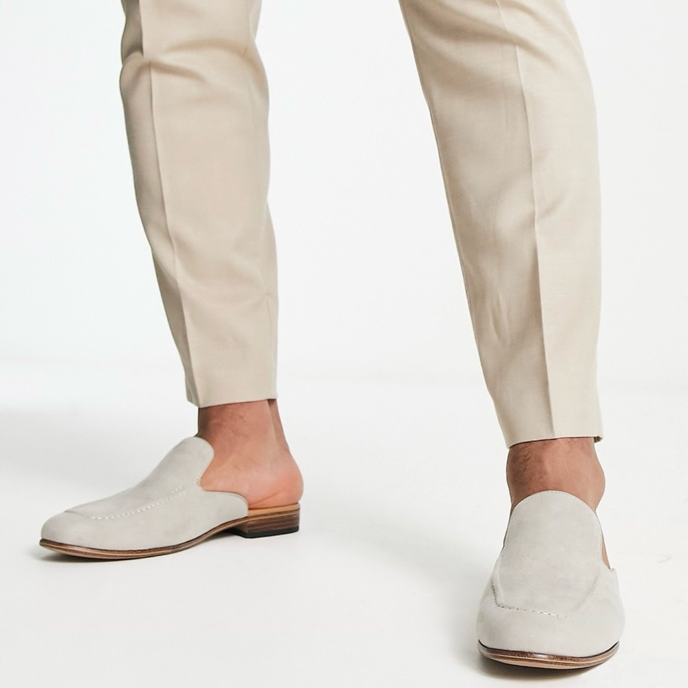 ASOS DESIGN backless mule loafers in stone faux suede with natural sole